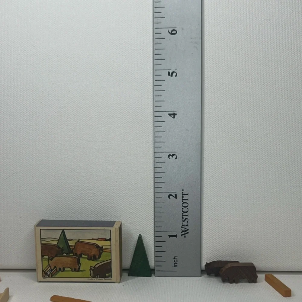 Vintage Wooden Buffalo Play Set w/ 4 Figures, Fence & Tree, Made Western Germany